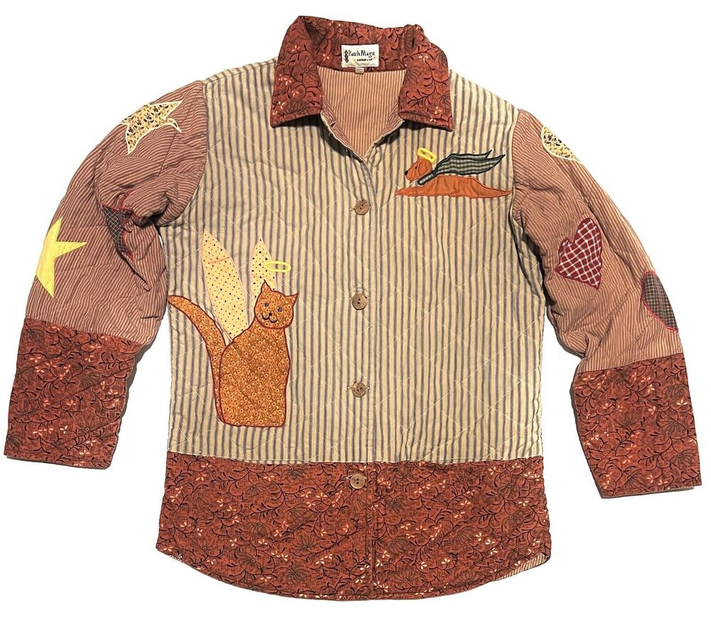 Patch Magic Group Inc Quilted Jacket Dog Cat Angel Womens Size S Grannycore